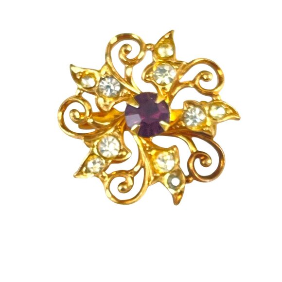 Vintage Gold Tone Floral Brooch With Purple & Clear Rhinestones For Women - Picture 2 of 6